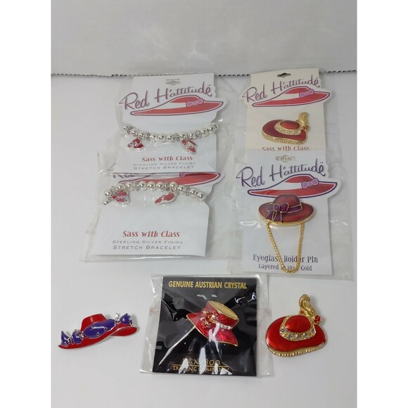 Red Hattitude Lot 2 Bracelet 4 brooches eyeglass holder sterling & 18kt finish - Picture 1 of 9